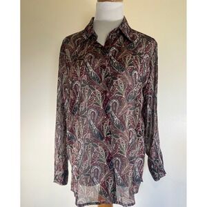 BonWorth Paisley Sheer Button Down Top Long Sleeve Blouse XSP Burgundy Green